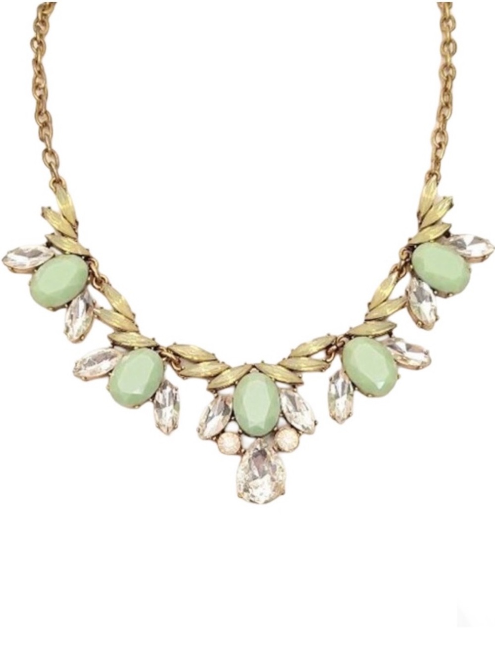 J. Crew Statement Bib Necklace Antique Gold Tone w/ Matte Green Stone & Crystals